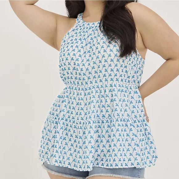 NWT Torrid 2X 18-20 Tiered Babydoll Top, White and Blue - Picture 3 of 11
